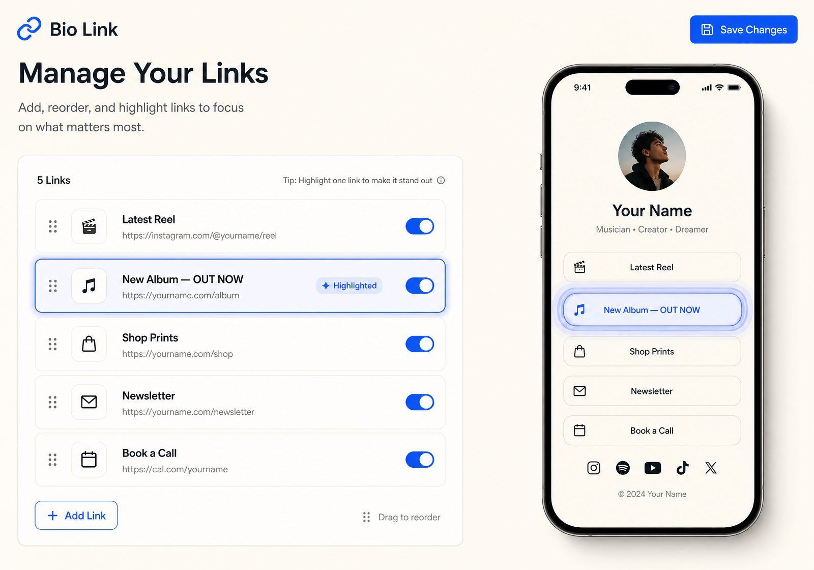Bio Link editor showing a highlight link with pulse glow