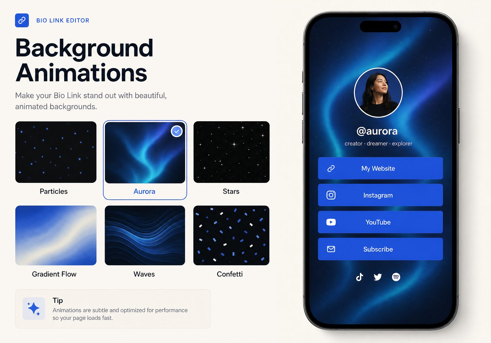 Background animation picker with particles, aurora, stars and more