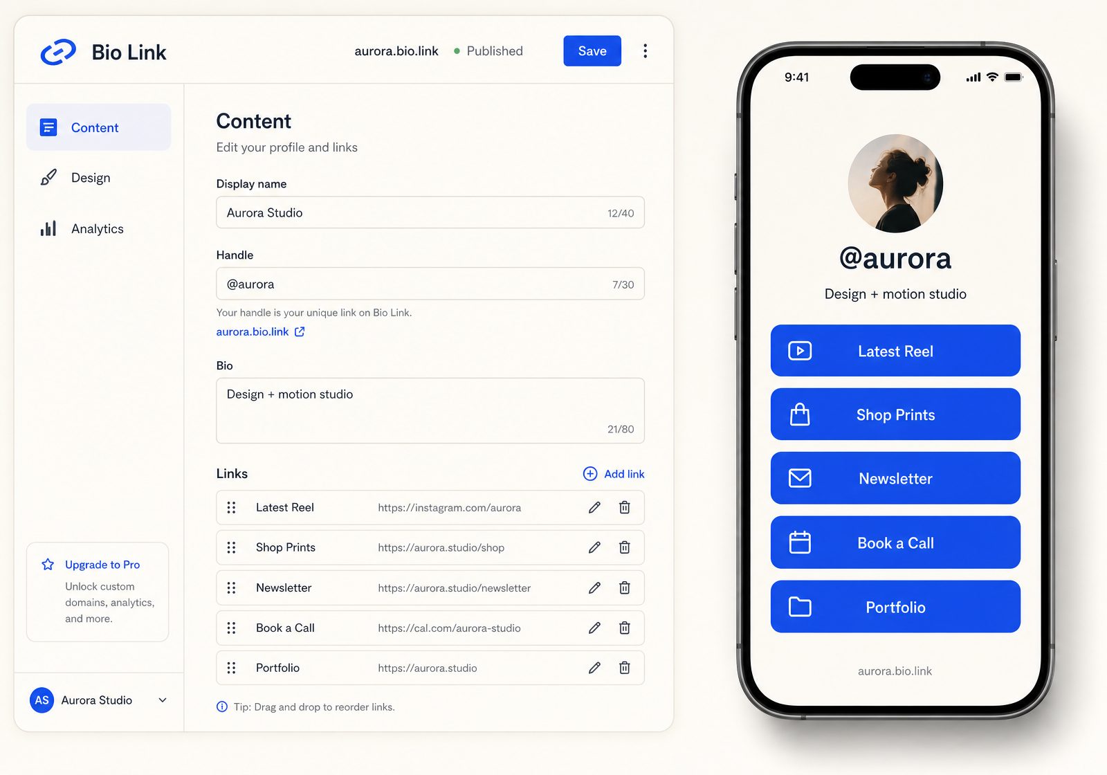 Postlabs Bio Link editor with live preview of a public bio page