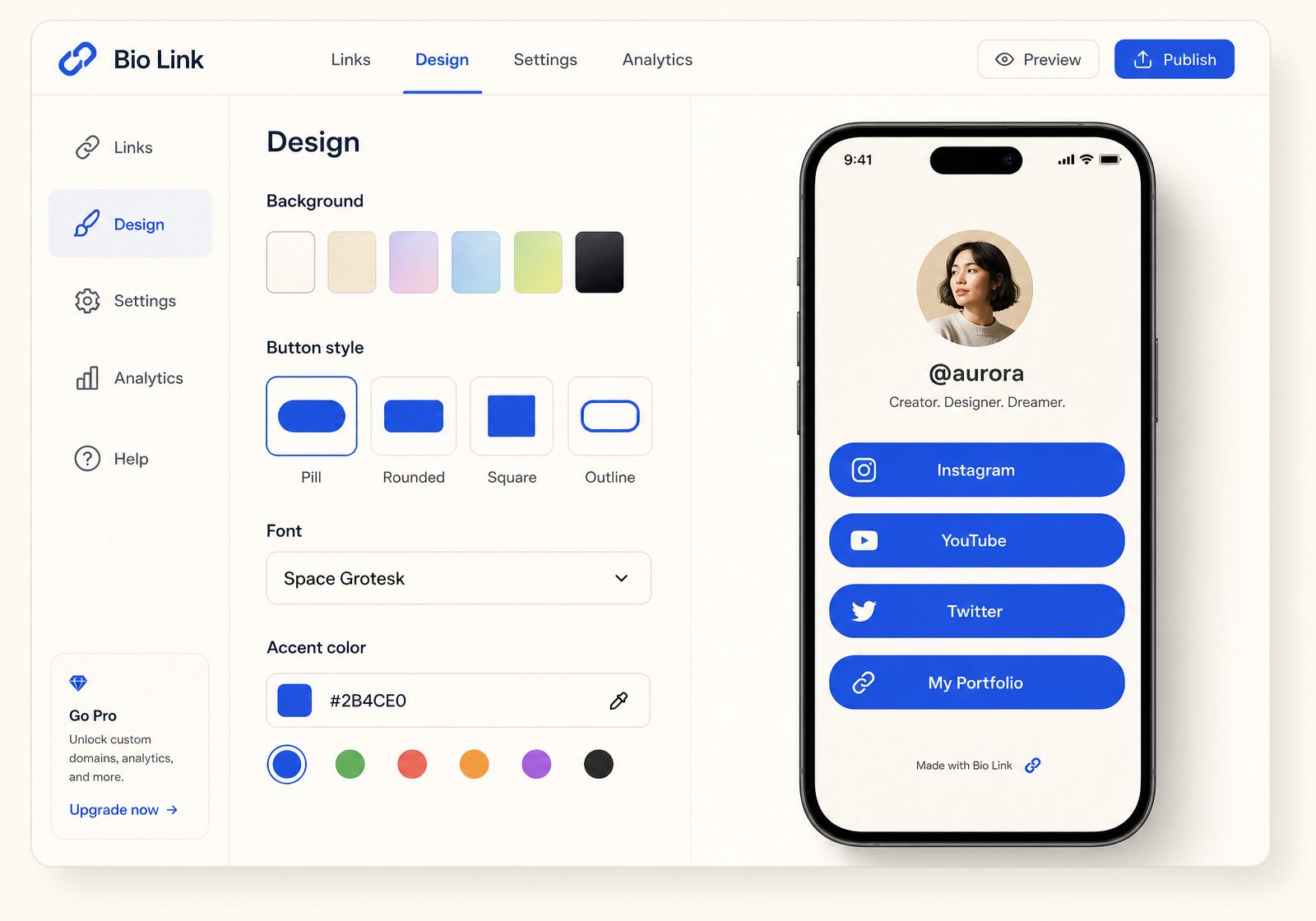 Bio Link design tab with background, colors and button styles