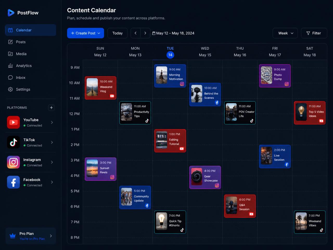 Multi-platform posting schedule across YouTube, TikTok, Instagram and Facebook