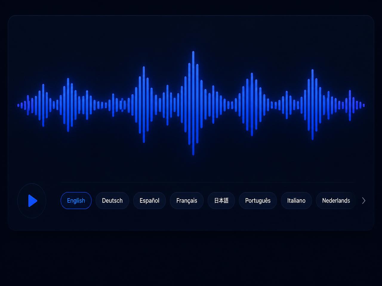 AI voiceover waveform with language selection chips
